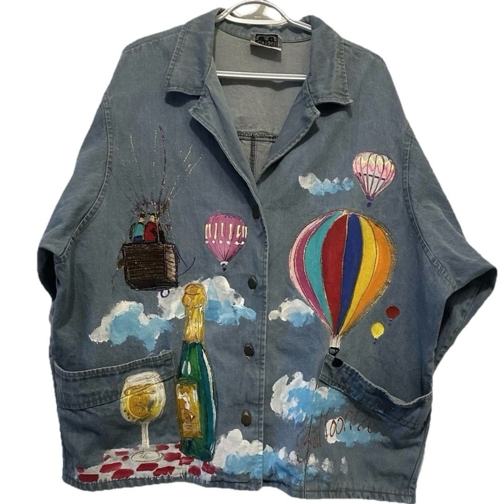 Sport Deco Painted Denim Jacket Size XL Balloons + Champagne 90s Vintage Artwear